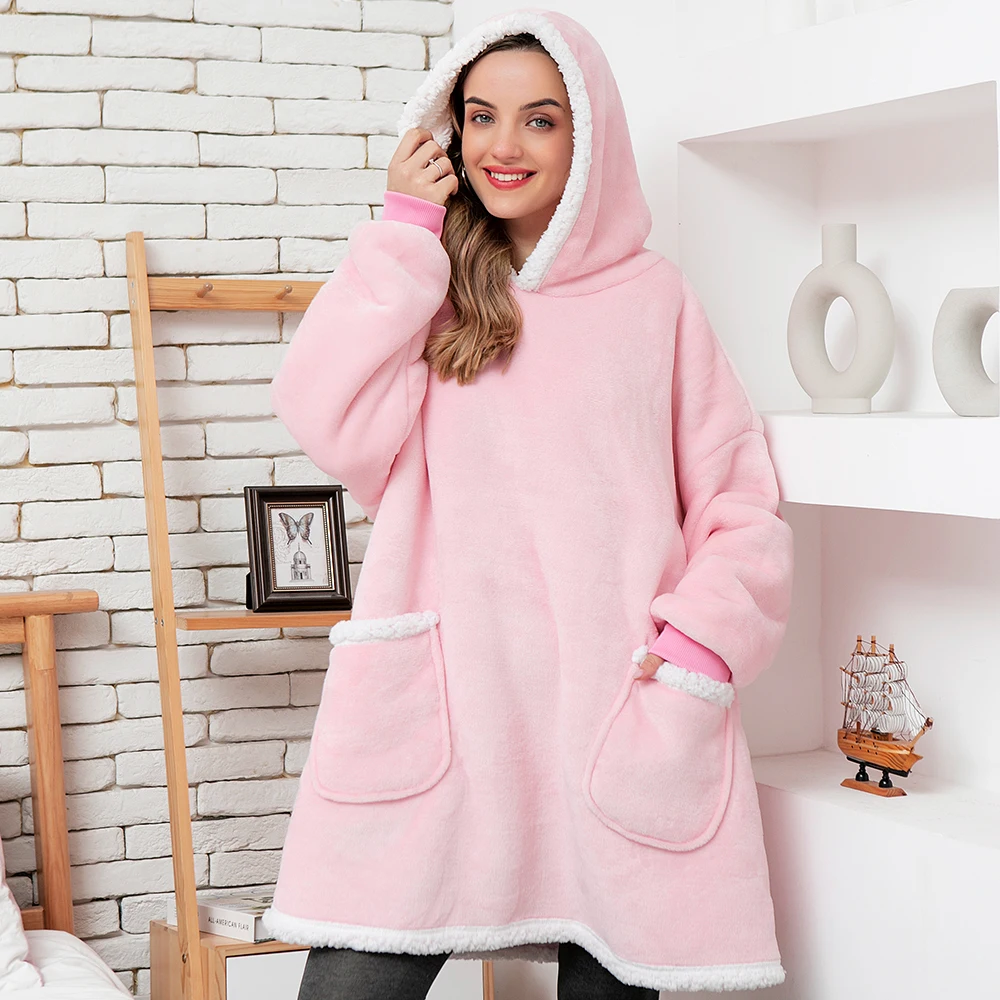 Oversized Hoodie Blanket With Sleeves Sweatshirt Plaid Winter Fleece Hoody Women Pocket Female Hooded Sweat Oversize Femme