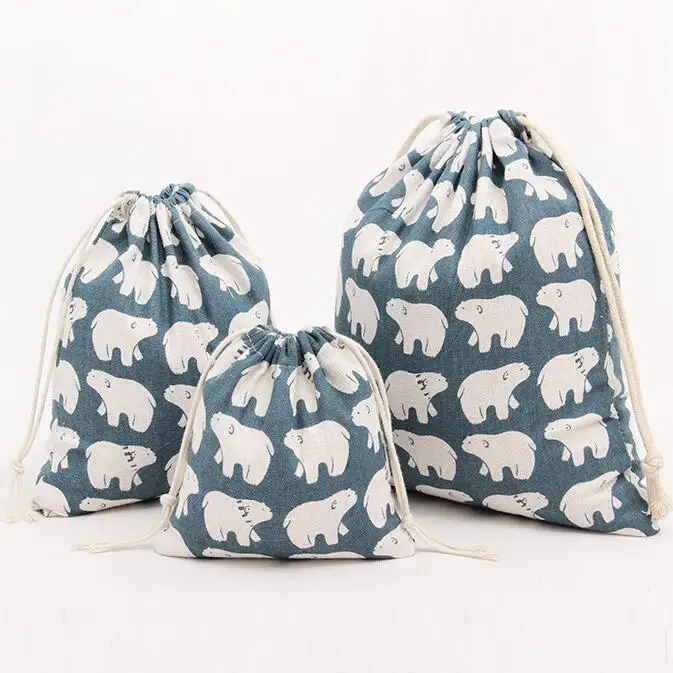 1pcs White Bear Blue Drawstring Cotton Linen Storage Bag Gift Candy Tea Jewelry Organizer Makeup Cosmetic Coins keys Bags 49017 | Дом и сад