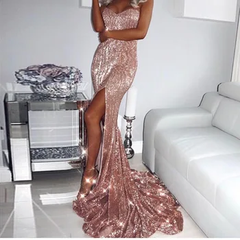 

Shiny Sequin Long Evening Dress High Slit Sexy Strapless Mermaid Prom Dresses 2020 Women Sparkling Evening Gown