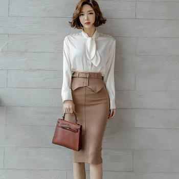 

HAMALIEL Spring Women Office Ladies Two Piece Set New Fashion Chiffon Bow Shirt Tops + Formal Ruffles Bodycon Pencil Skirt Set