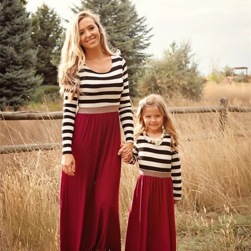 

Women Stripe Dress Long Sleeve Elegant Dresses For Mother And Daughter Cotton Clothing For Family Girls Party Dress Wholesale