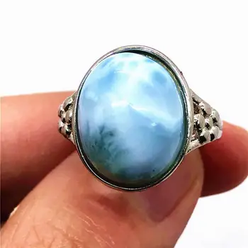 

17x14mm Top Natural Blue Larimar Ring Jewelry For Woman Man Crystal Round Beads Silver Water Pattern Stone Adjustable Ring AAAAA