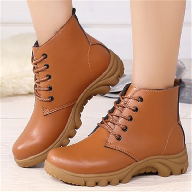 New Fashion Real Cowhide Leather Ankle Boots Winter Plush Warm Comfort Flat Snow Boots Platform Non-slip Lace-Up Booties