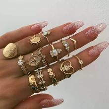 Tocona 15 teile/satz Boho Reines Mary Gold Ringe für Frauen Herz Fatima Hände Anillos Kreuz Blatt Geometrische Kольцо Schmuck 7056(China)