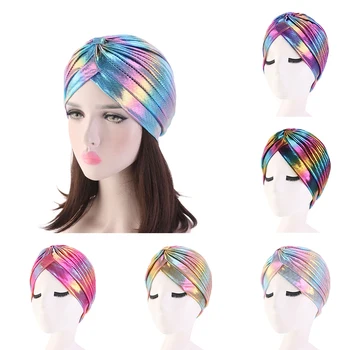 

2019 Laser Bright Muslim Hijab Colorful Women Turban Silky Ruffle Metallic Headwrap Shiny Indian Style Hijab Caps Crinkle Hijab