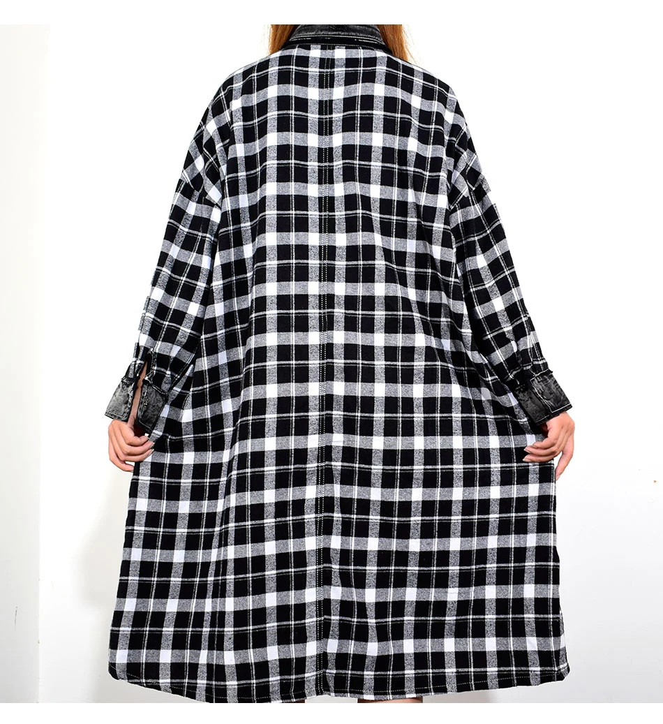 XITAO Lattice Denim Patchwork Pocket Midi Dress Long Sleeve Turn Down Collar Loose Casual Plus Size Dress Women WQR1823