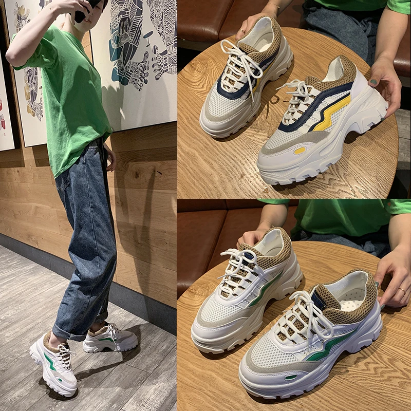 

2019 new running shoes Thick bottom sports shoes spring summer All-match big size 35-40 platform lace up white Casual Shoes