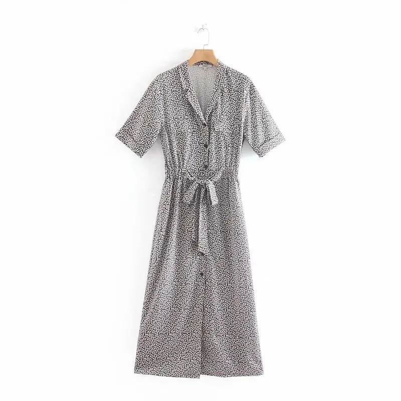 

QZ896 French Stylish Short Sleeve Front Buttons Adjustable Waist Belt Long Dress Floral Print Vestidos