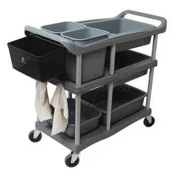 

Hotel dining car three-tier carts collecting food trucks collecting bowls with trash can multi-function plastic trolley