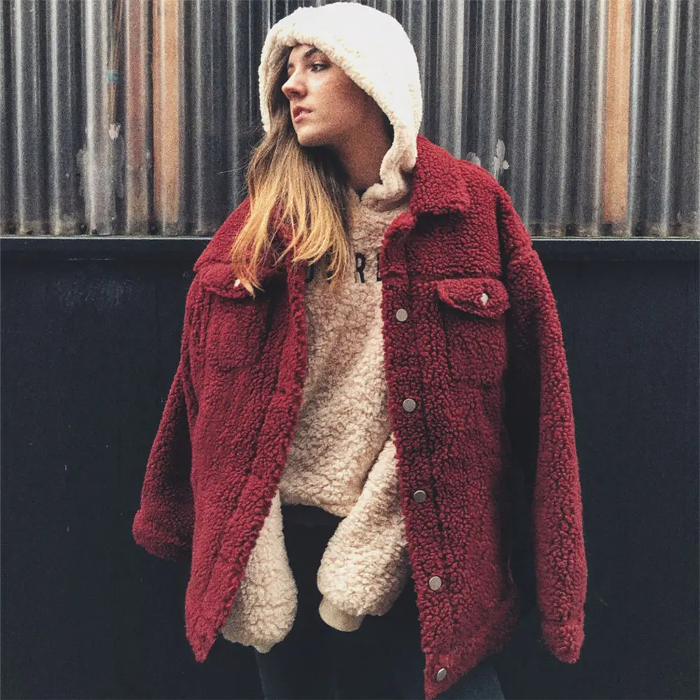 

2019 Women Teddy Fleece Cardigan Thick Sherpa Fleece Jacket Vintage Pocket Cardigan Female Winter Warm Coat Streetwear