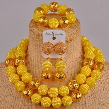 

Yellow African jewelry imitation pearl necklace earrings bracelet women girls Nigeria bridal jewelry set XX-62