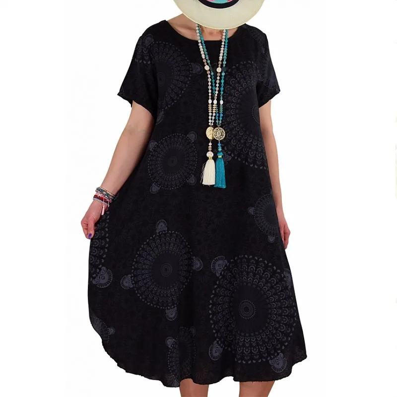 Плюс размер цельное платье Летнее свободное женское платье с круглым вырезом и принтом модное богемное женское пляжное платье большого размера Vestidos - Цвет: black