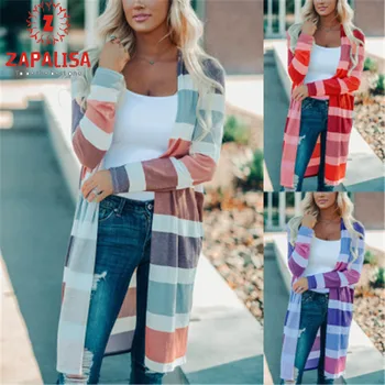 

Fashion Rainbow Striped Knitted Jacket Long Sleeve Patcwork Streetwear Long Coat Elegant Slim Autumn Spring Women Cardigan