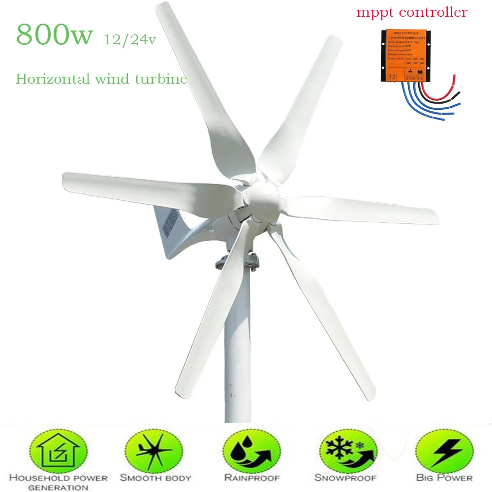 China Factory 800W 12V 24V 48V Wind Turbine with 6 Blades MPPT Controller Small Wind Generator for Home