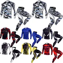 S-3XL с длинным рукавом спортивный фитнес мужской комплект компрессионная рубашка с леггинсами