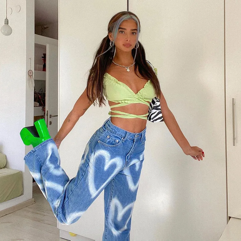 Heart Print Y2K High Waist Jeans Women 