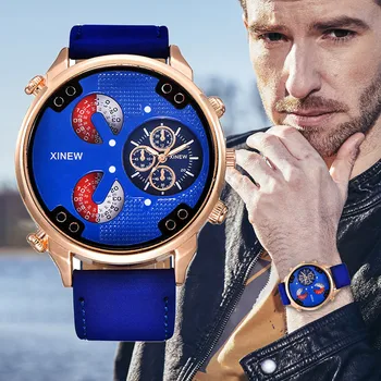 

Xinew New Fashion Mens Watches Leather Strap Simple Calendar Luminous Dial Outdoor Men's Quartz Watch Chronograph Watch Men