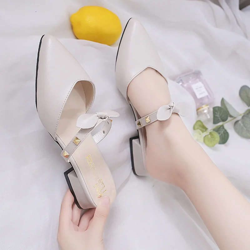 

Slipper Women's Summer Outer Wear 2019 New Style Bow Chunky-Heel Semi-Slipper Versatile 40 Large Size 41 Sandals 43