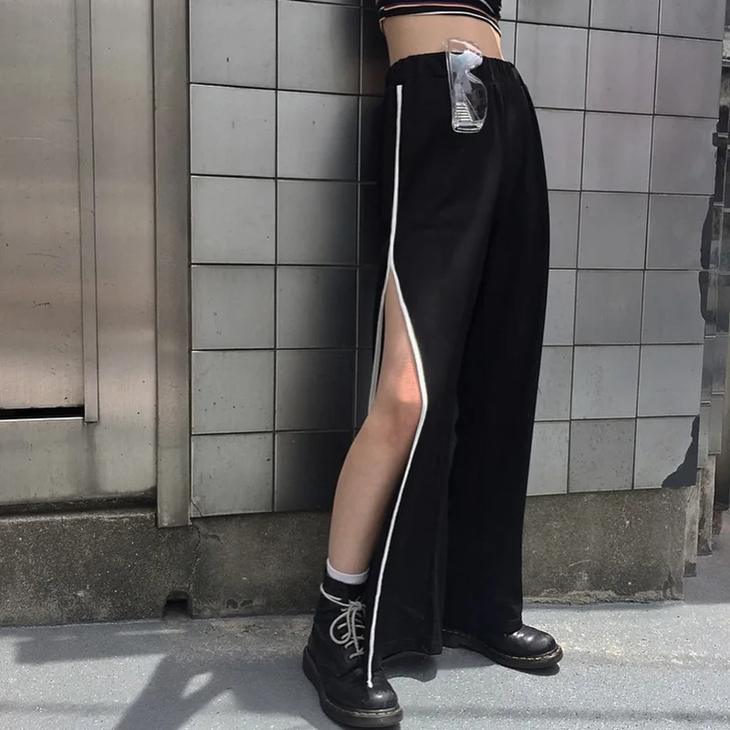 Lucyever Модные Полосатые широкие брюки женские с высокой талией свободные Открытые черные брюки женские осенние повседневные уличные брюки Pantalon Femme