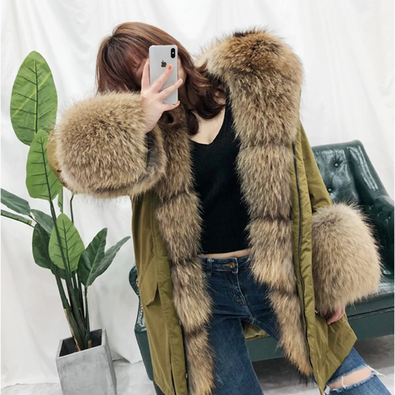 

rf1941B Luxury Real Fur Coat Women Down Lining High Street Super Big Fur Collar Natural Fur Parka Removable Winter Jacket