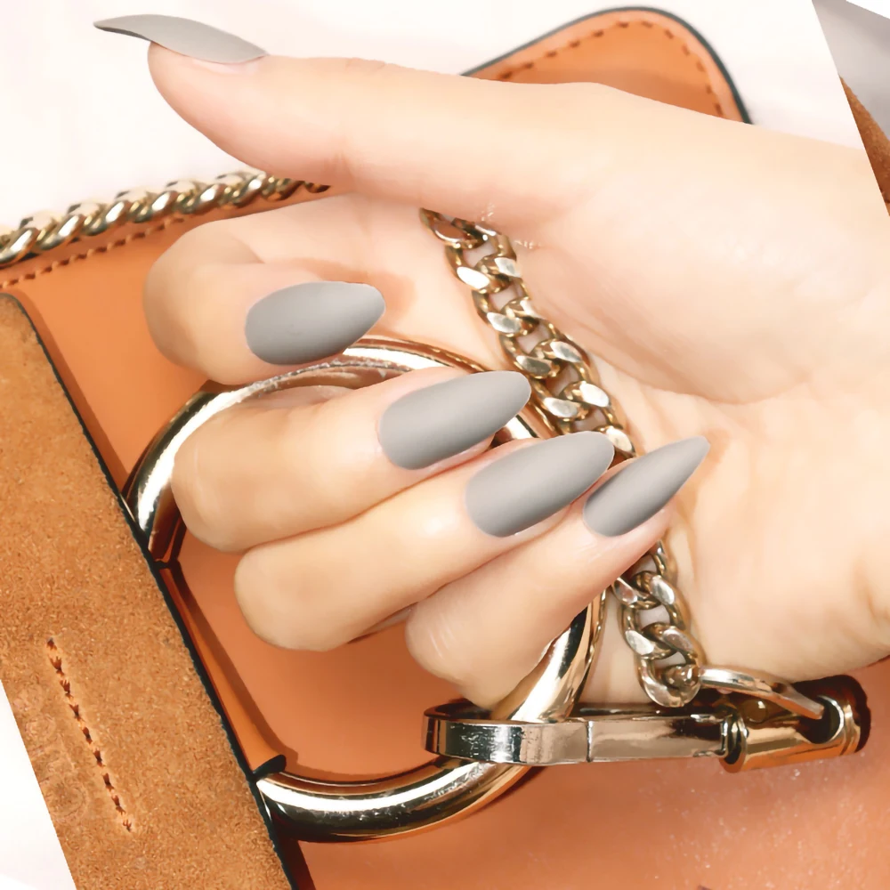 Nusx 24pcs New Coffin Matte Fake Nails Gray Long Round Soft Frosted Press On Nails Coloured 3