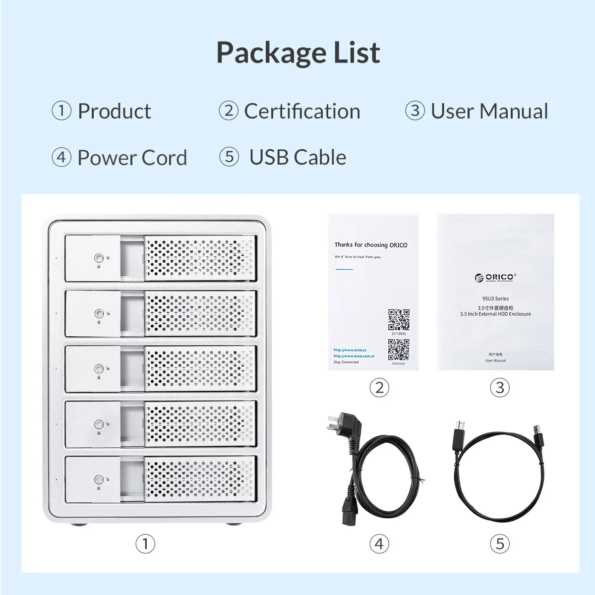 ORICO Алюминий 5 Bay 3,5 ''SATA к USB 3,0 HDD док-станция Поддержка 80 ТБ UASP Добавить 150 Вт внутренний адаптер питания чехол для SSD, HDD