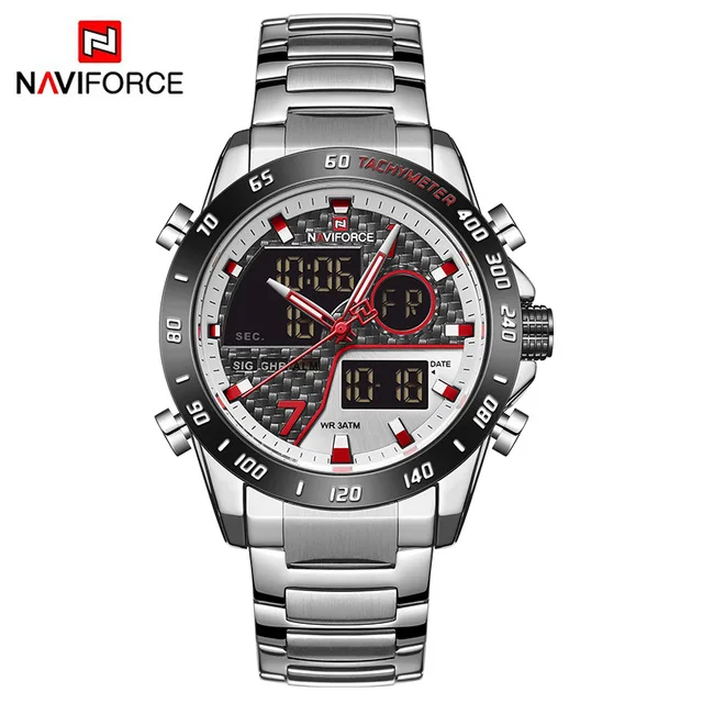NAVIFORCE брендовые Роскошные мужские часы, военные цифровые спортивные наручные часы, мужские модные водонепроницаемые часы со стальным ремешком - Цвет: silver
