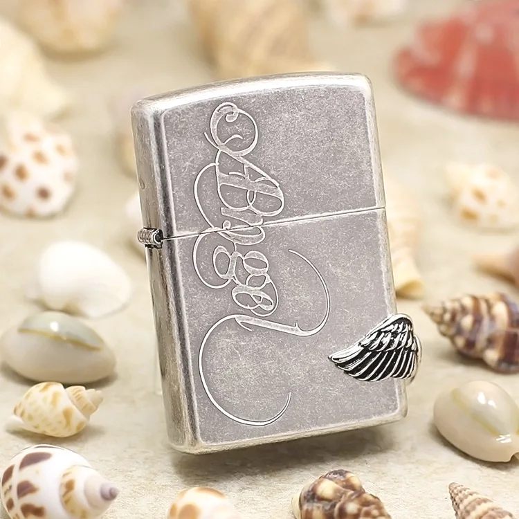 

Genuine Zippo oil lighter copper windproof Antique Silver 3D Wings of love cigarette Kerosene lighters anti-counterfeiting code