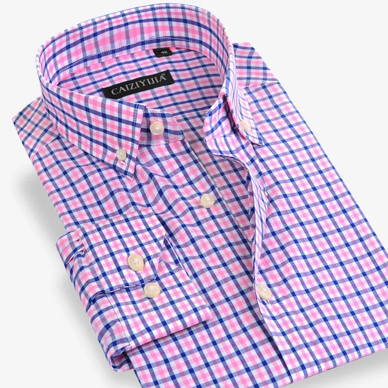 Men Casual Shirts Plaid Cotton Long Sleeve