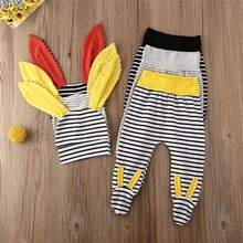 Милая Одежда для новорожденных мальчиков и девочек 3-12 месяцев, полосатые штаны с принтом+ шапка с заячьими ушками, комплект из 2 предметов