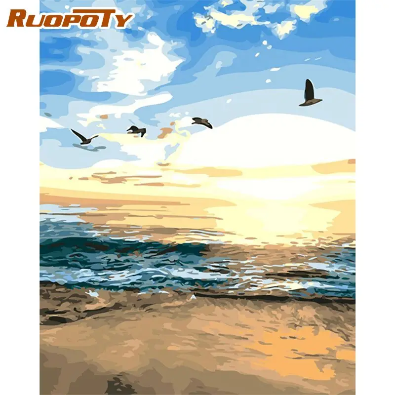 

RUOPOTY Painting By Numbers Seaside Beach DIY Frame Wall Art Acrylic Paint Oil Canvas By Numbers Home Decoration