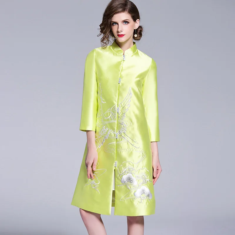 

Chinese-style Coat WOMEN'S Dress 2018 Autumn And Winter New Style Machine Embroidery Mid-length over-the-Knee Retro Loose-Fit Sl