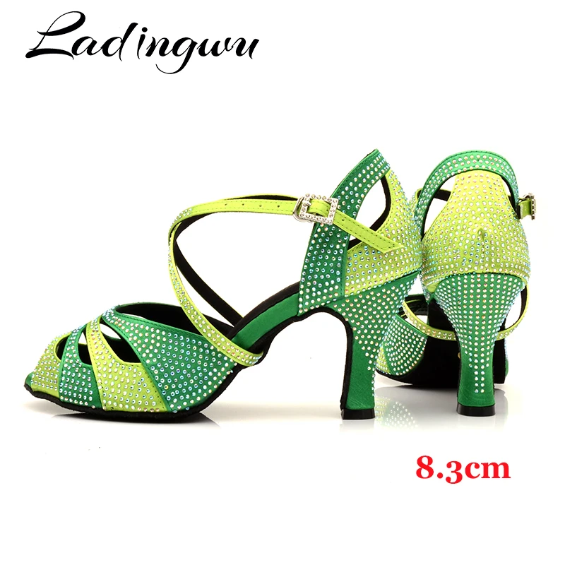 Ladingwu Rhinestone Dance Shoes Latin Salsa Dance Girls Shoes Dark Green Light Green Gradient Women Pink Small mouth dance shoes