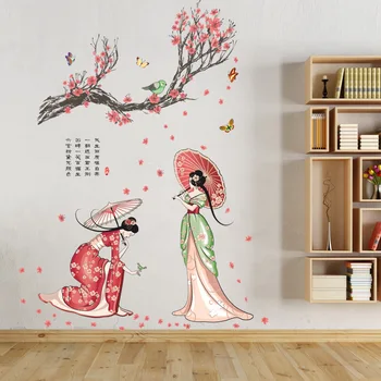 

Chinese style Ancient Cheongsam Girl Wall Stickers for Living room Bedroom Kids room Wall Decor Art Poetry Decals Murals