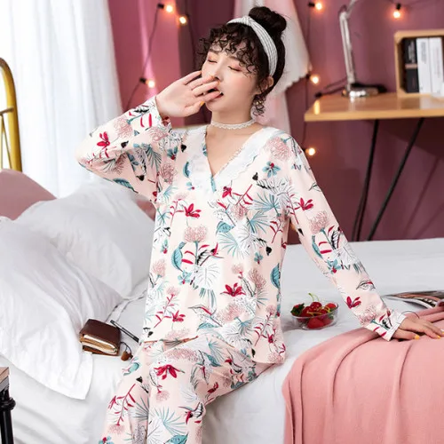 Пижамы для девочек, Mujer, Зимние удобные женские пижамные комплекты, кружевная Домашняя одежда с длинными рукавами и v-образным вырезом, милая Пижама - Цвет: C JV xiao hong hua