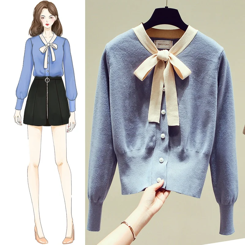 Вязаный кардиган с мягким молочно-голубым на осень, стильный свитер, свитер, короткая куртка, свободная весна и осень