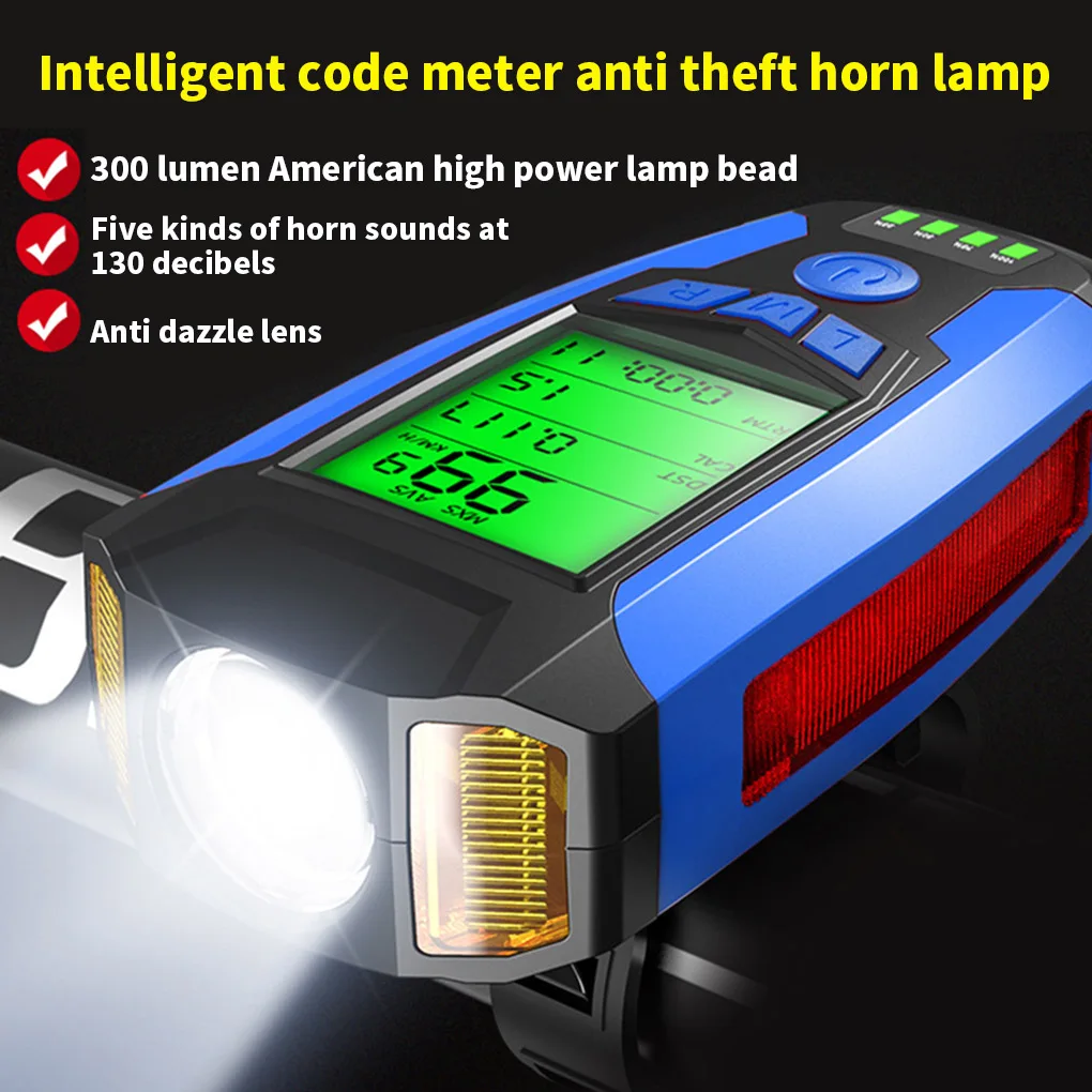 3 in 1 USB Bike Front Light 5 LED Bicycle Computer Horn Bicycle Flashlight IPX4 Waterproof Odometer Computer Speedometer