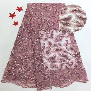 

Pink Nigerian Lace Fabrics 2019 Newest Embroidery Luxury French Tulle Lace With Many Sequins For Wedding H2843