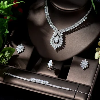 

HIBRIDE Luxury AAA CZ 4pcs Necklace Earring Set Women Bridal Wedding Party Jewelry Set parrure bijoux femme mariage N-1367