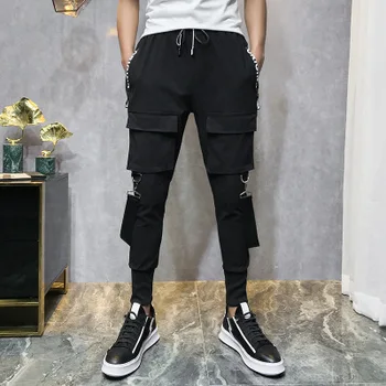 

Punk Rock Mens Long Cargo Pants Strips Buckle Loose Trousers Black Fashion