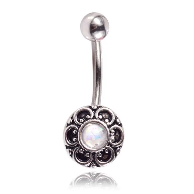 2019 Vintage Surgical Steel Dangle Navel Rings Flowers Opal Bar Belly Button Ring Body Piercing Fashion Jewelry wholesale |