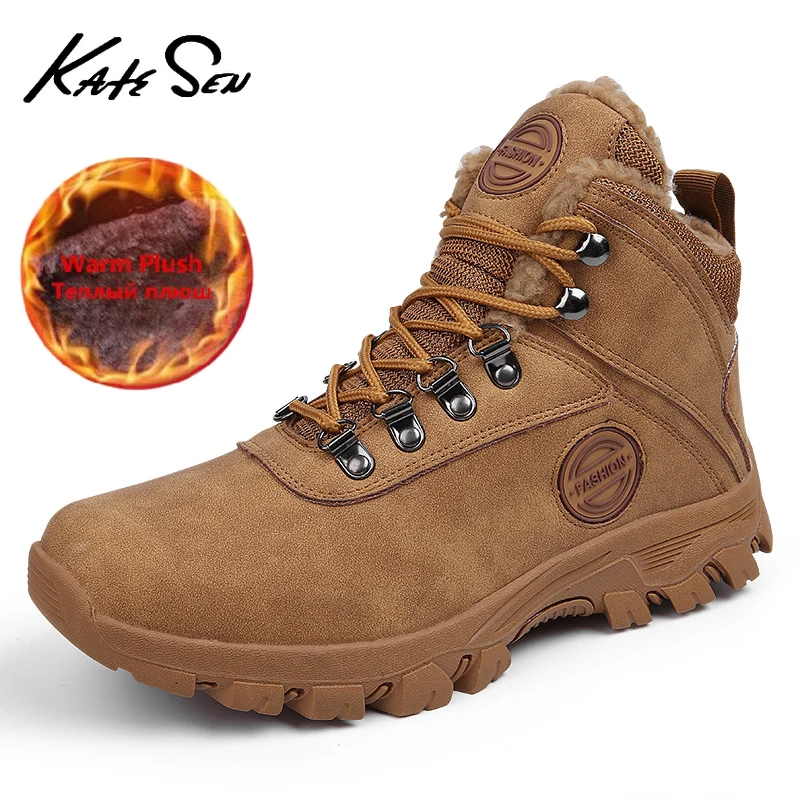 

KATESEN 2020 New Winter Men's Plush Warm Snow Boots Fashion Comfortable High Top Boots Outdoor Non-slip Hiking boots big size