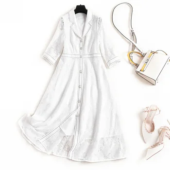 

Lace Dress Vintage A-Line Solid 3/4 Sleeve Mid-Calf Turn-down Collar Empire Dresses for Adult Women white black