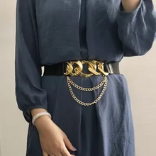 2021new pattern In Hot Personality Punk Alloy Big Metal Chain Buckle Belt Belt, Elastic Street Dance