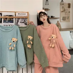 Pajama Woman Winter Velvet Home Suit Pyjama Pour Femme Warm Kawaii Clothes Two Piece Set Sleepwear Loungewear