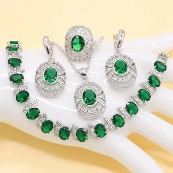 

Green Fashion Jewelry Set for Women Ring High Quality Beautiful Round Baguette Shape Cubic Zirconia Necklace Pendant Earring
