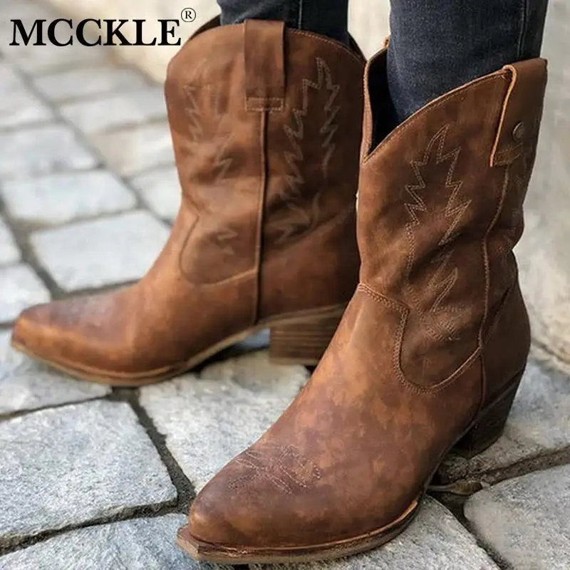 MCCKLE/женские классические ковбойские ботинки с вышивкой в западном стиле женские ботинки до середины икры на среднем каблуке без застежки женская обувь женские ботинки