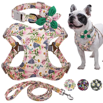 

French Bulldog Harness Leash And Collar Set Printed No Pull Dog Harness Vest Leash Collar Set For Small Medium Large Dogs