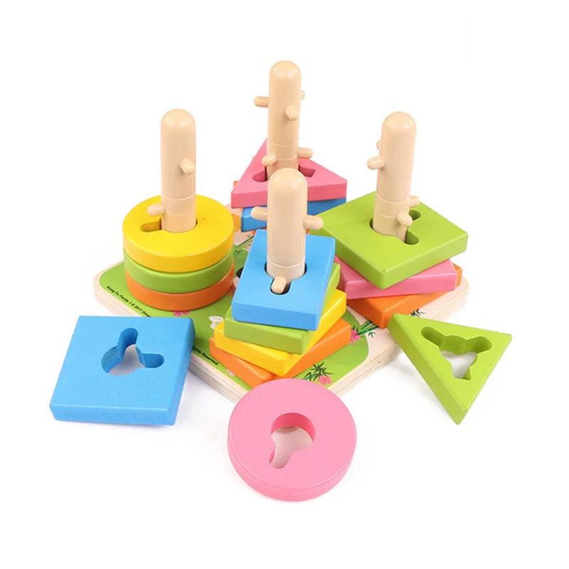 Деревянные Блоки Красочные четырёхстоечный формы, сочетающиеся геометрии, четыре набора, детское ранее развитие обучающий блок игрушка