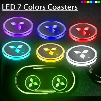 

LED Light Car Cup Mat Car Badge Luminous Coaster Holder Mat for Mitsubishi ASX Lancer Pajero Outlander L200 EVO Lancer EX Pajero